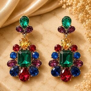 Vintage Y2K Monet Multicolor Crystal Statement Earrings Sample One of a Kind